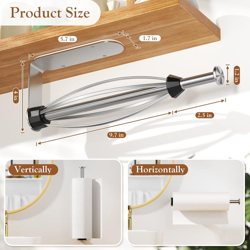 Winproper Paper Towel Holder Under Cabinet + Towel Robe Hooks, Single Hand Operable Under Cabinet Paper Towel Holder with Damping Effect Adhesive Wall Mount Paper Towel Rack for Bathroom Kitchen(Silver) - Image 3